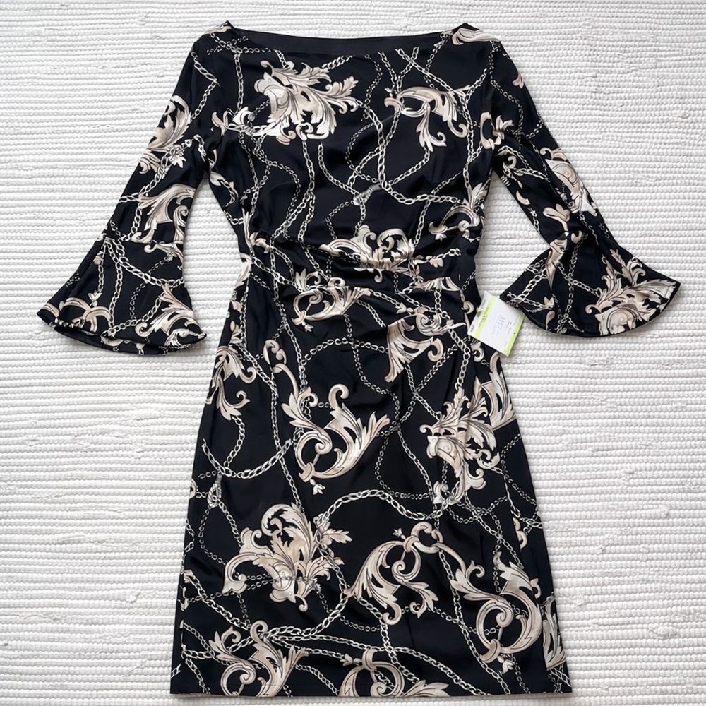 Anne Klein Baroque Chain Print Sheath Dress NWT Flare Sleeve 8